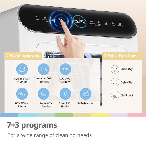 COMFEE' Table Top Dishwasher 7+3 Programs Mini Tabletop Dishwasher No Plumbing, 6L Built-in Water Tank