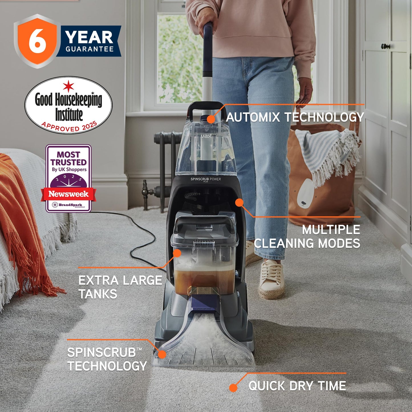 Vax SpinScrub Power Plus Carpet Cleaner Machine, Rug, Upholstery, Car, Stair Upright Shampooer Washer