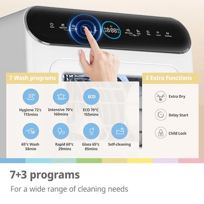 COMFEE' Table Top Dishwasher 7+3 Programs Mini Tabletop Dishwasher No Plumbing, 6L Built-in Water Tank