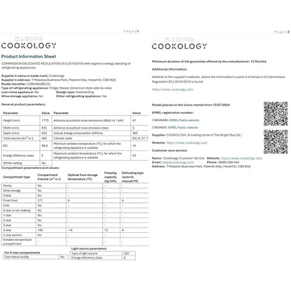 Cookology CSBS460BK 177.5cm Freestanding American Side-by-Side Fridge Freezer in Black