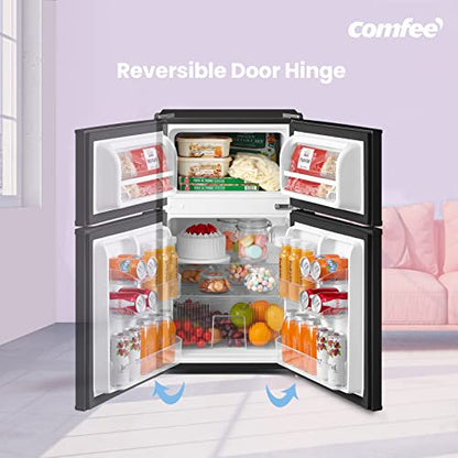 COMFEE' RCT87BL2(E) Under Counter Fridge Freezer, 87L Double Door Small Fridge Freezer with Light