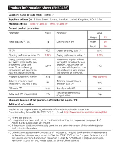 COMFEE' Freestanding Dishwasher FD1435E-W with 14 place settings, Full Size, 44dB, Wide LED Display