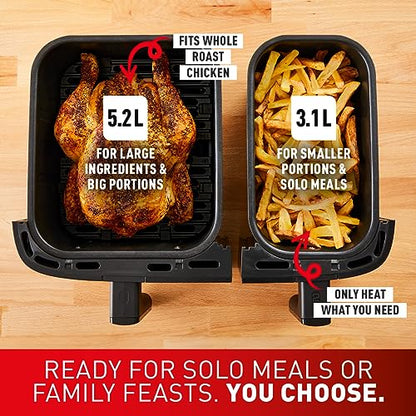 Tefal Easy Fry Dual Zone Digital air fryer, 2 Drawers, 8.3L, 8in1, Uses No Oil, Air Fry, Extra Crisp