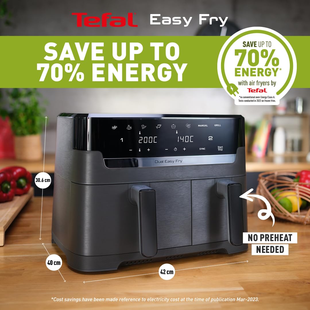 Tefal Easy Fry Dual Zone Digital Air Fryer, 2 Drawers, 8.3L, 8in1, Air Fry, Extra Crisp, Roast, Bake