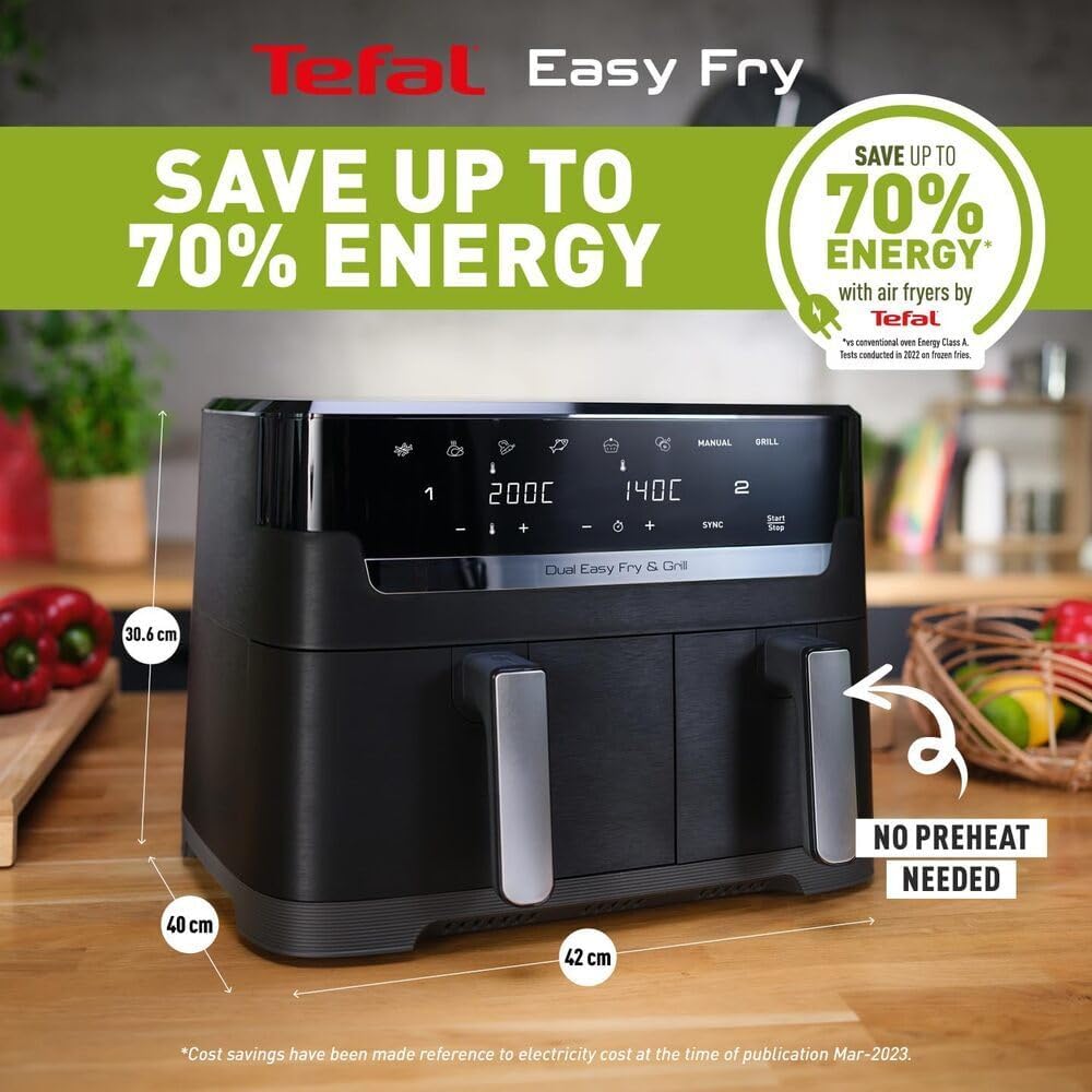 Tefal Easy Fry Dual Zone Digital Air Fryer, 2 Drawers, 8.3L, 8in1, Air Fry, Extra Crisp, Roast, Bake, Reheat