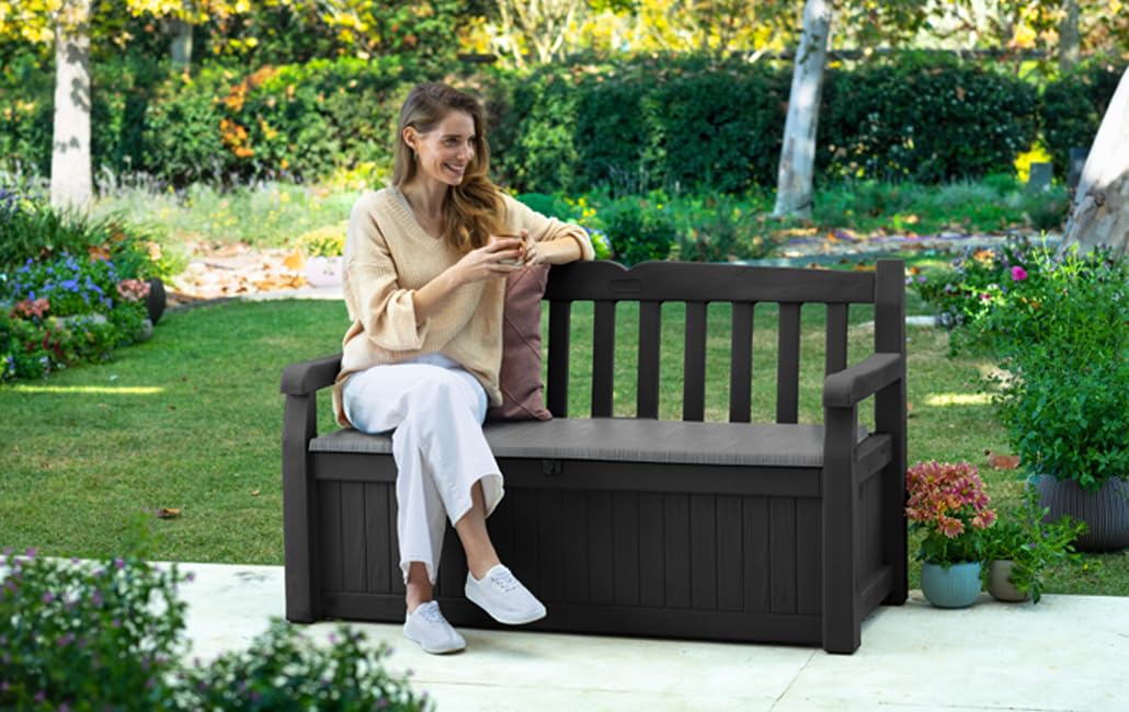 Keter Eden Bench 265L Outdoor 60% recycled Garden Furniture Storage Box Graphite & Light Grey
