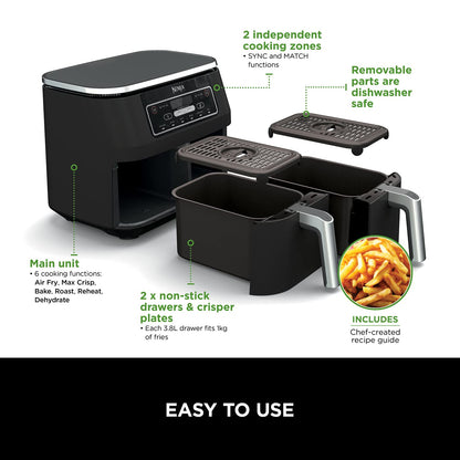 Ninja Foodi Dual Zone Digital Air Fryer, 2 Drawers, 7.6L, 6-in-1, Uses No Oil, Air Fry, Max Crisp, Roast