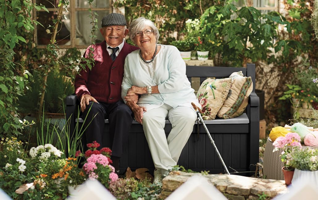 Keter Eden Bench 265L Outdoor 60% recycled Garden Furniture Storage Box Graphite & Light Grey