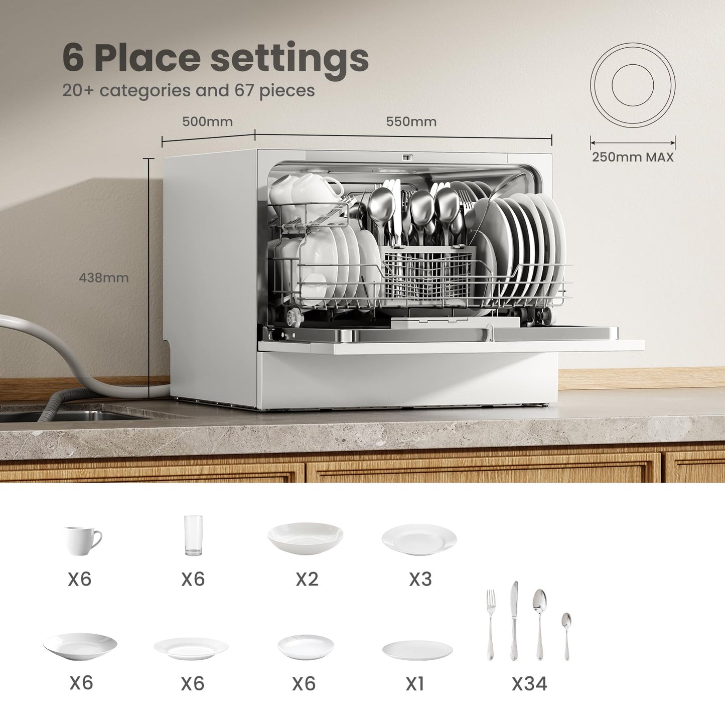 COMFEE' Table Top Dishwasher with 6 Place Settings, Mini Countertop Dishwasher for Small Families, Couples, LED display, Delay Start, 47dB Quiet Noise, White