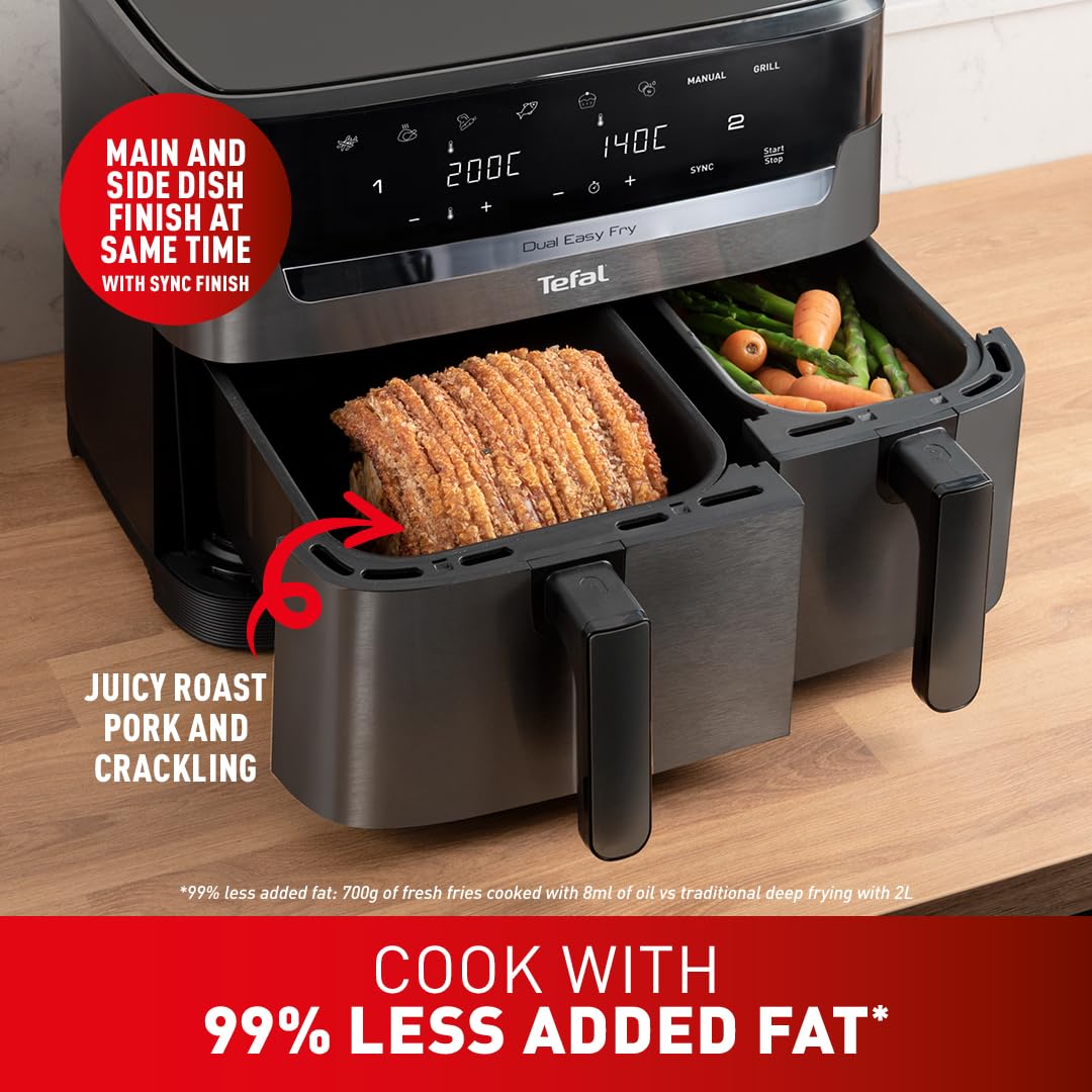 Tefal Easy Fry Dual Zone Digital Air Fryer, 2 Drawers, 8.3L, 8in1, Air Fry, Extra Crisp, Roast, Bake