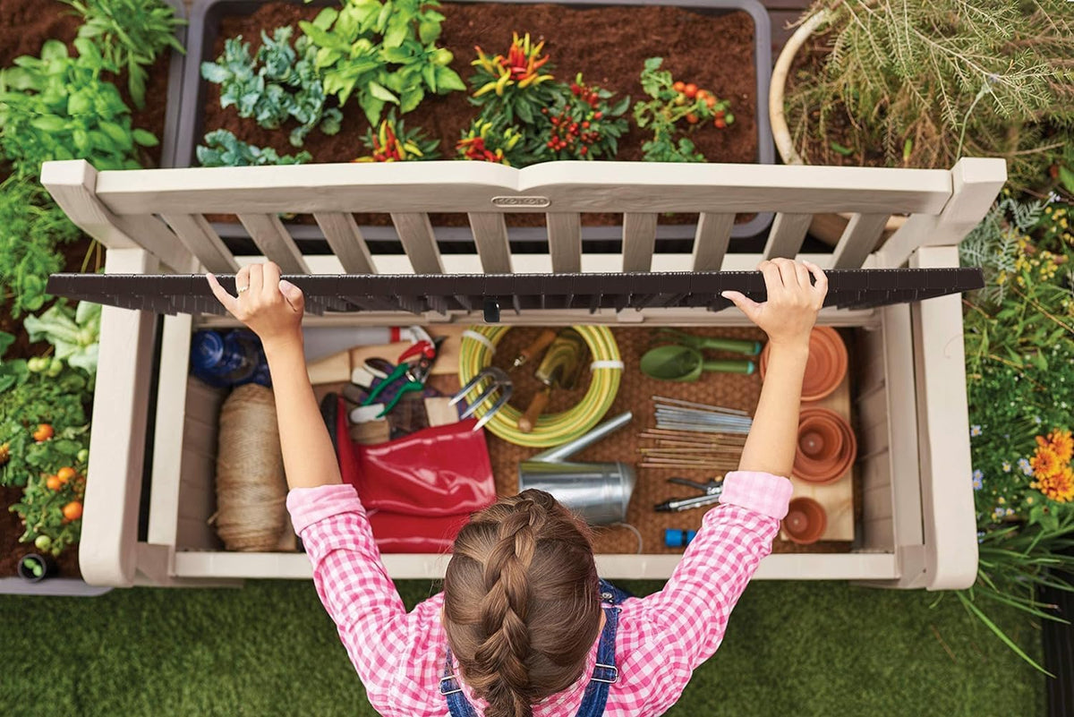 Keter Eden Bench 265L Outdoor 60% recycled Garden Furniture Storage Box Beige & Brown Wood Panel Effect