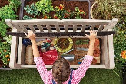 Keter Eden Bench 265L Outdoor 60% recycled Garden Furniture Storage Box Beige & Brown Wood Panel Effect