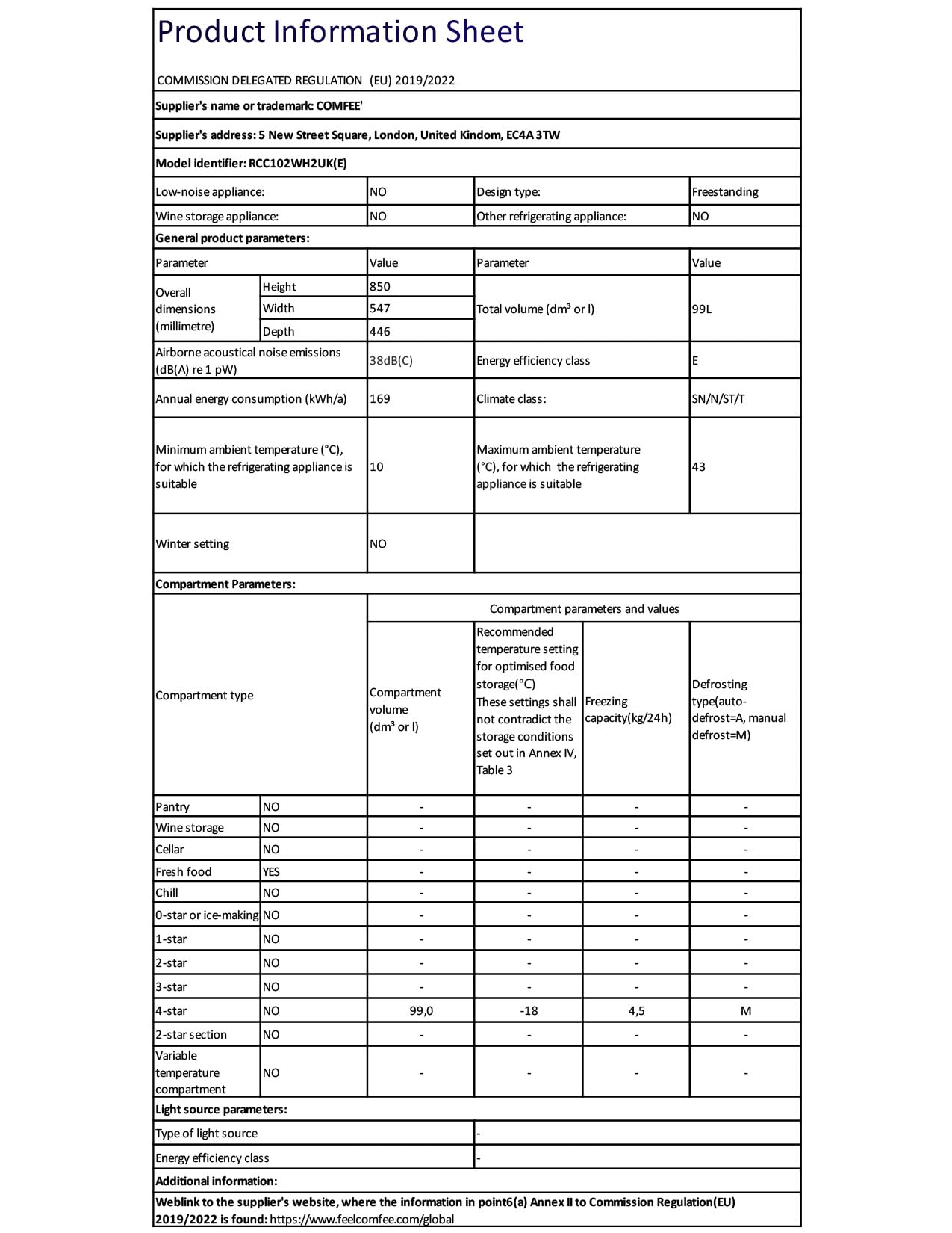 COMFEE' RCC102WH2UK(E) 99L Freestanding Chest Freezer, with Freezing and Refrigeration Conversion