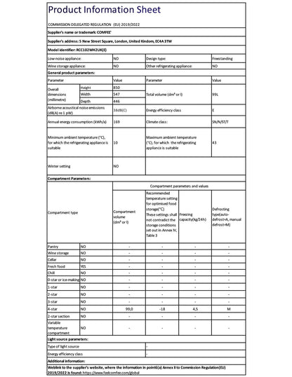 COMFEE' RCC102WH2UK(E) 99L Freestanding Chest Freezer, with Freezing and Refrigeration Conversion