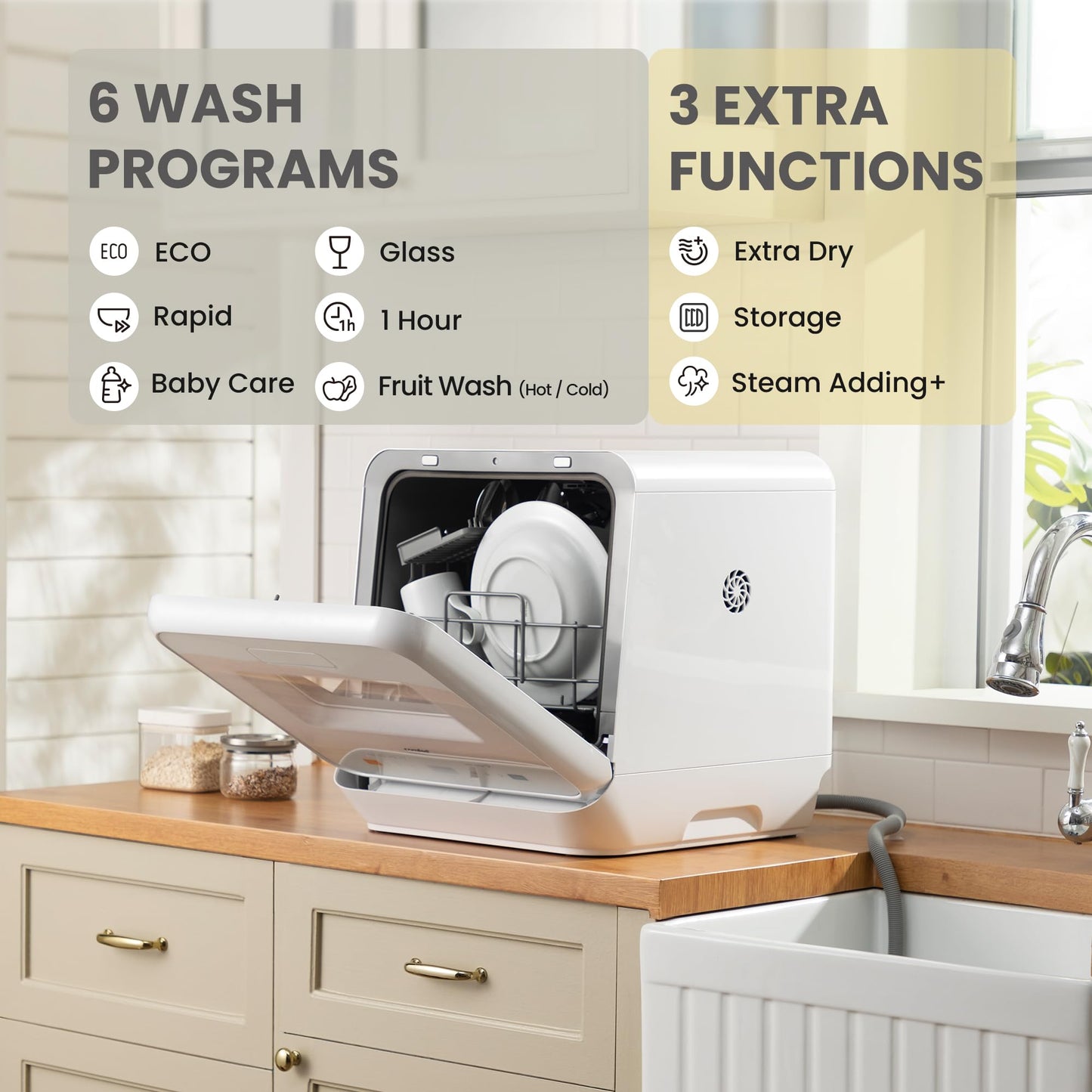 COMFEE' Table Top Dishwasher, Mini Countertop Dishwasher with 6+3 Programs, Steam Wash