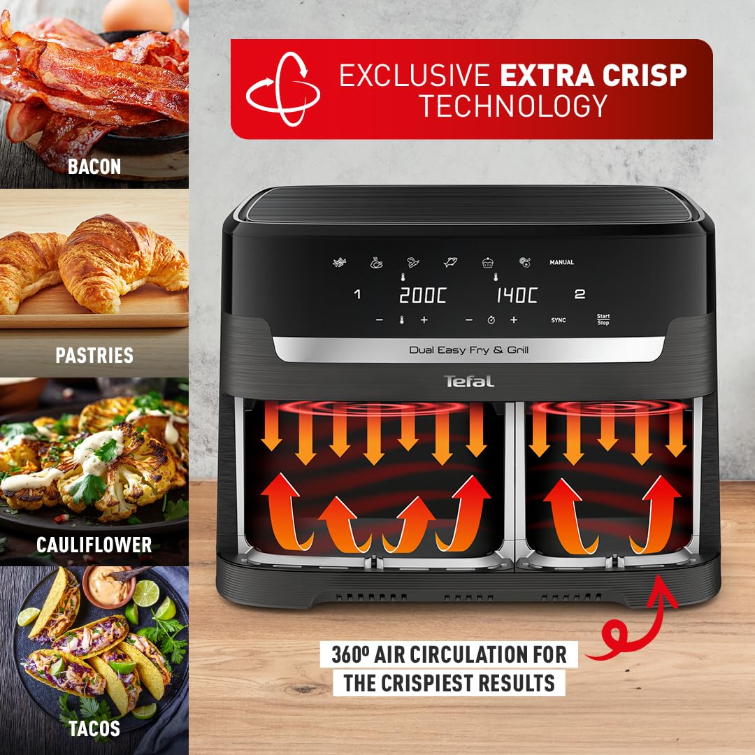 Tefal Easy Fry Dual Zone Digital Air Fryer, 2 Drawers, 8.3L, 8in1, Air Fry, Extra Crisp, Roast, Bake