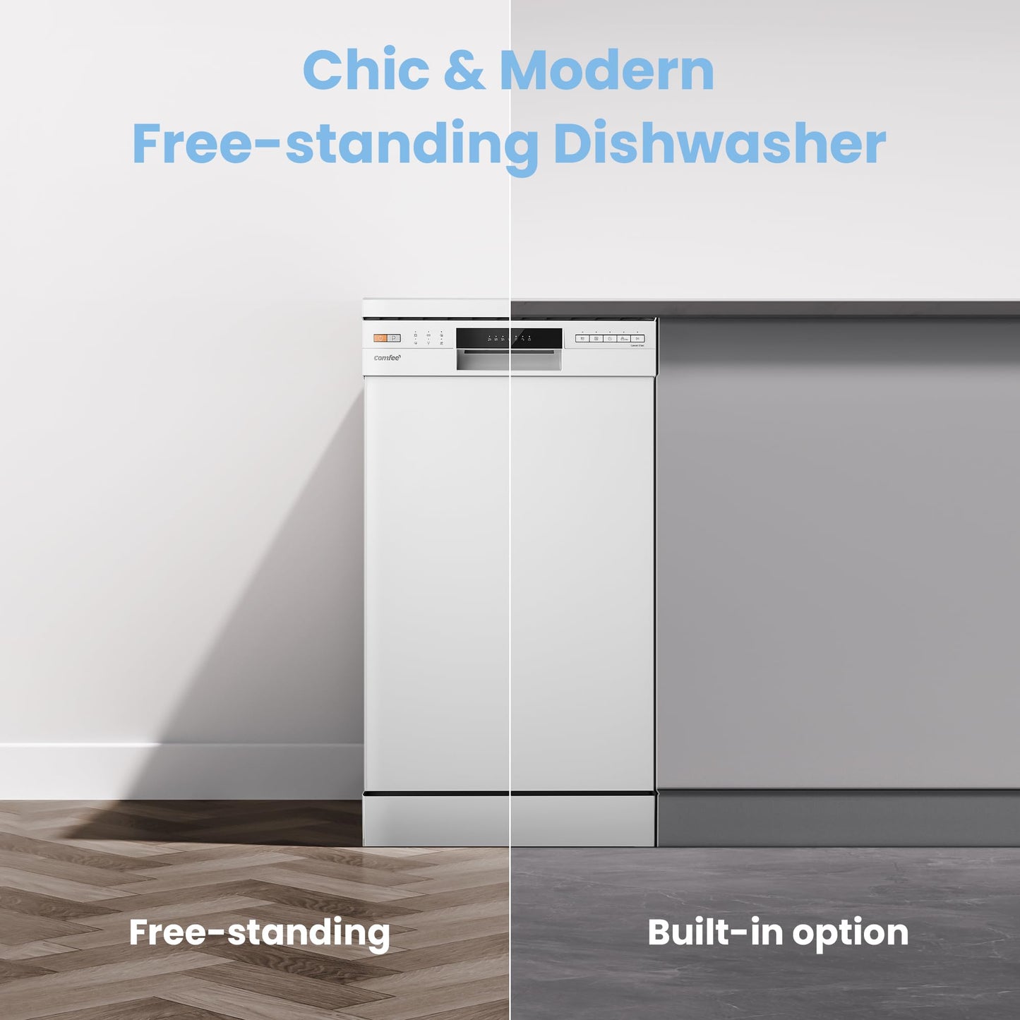 COMFEE' Freestanding Dishwasher CDWEF1034BW-UK 45cm Width, Slimline Dishwasher with 10 place settings