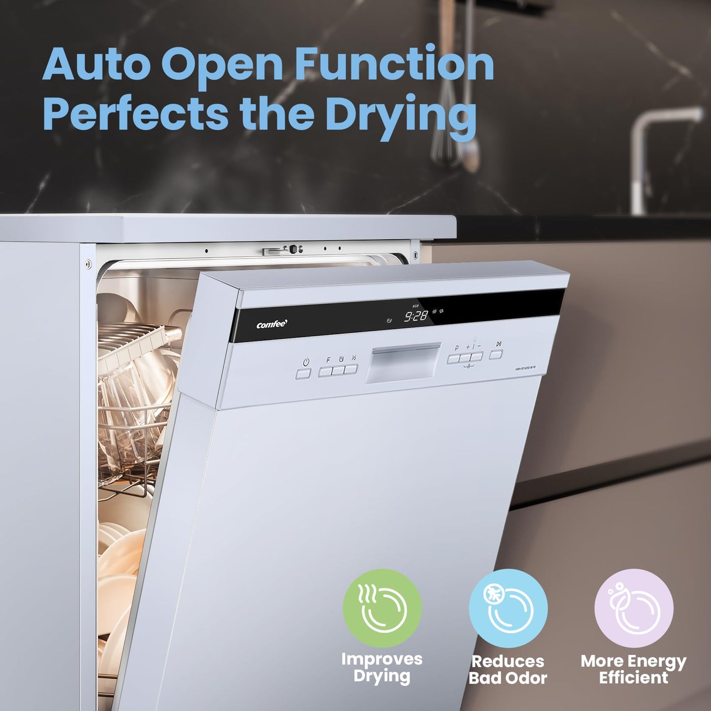 COMFEE' Freestanding Dishwasher FD1435E-W with 14 place settings, Full Size, 44dB, Wide LED Display