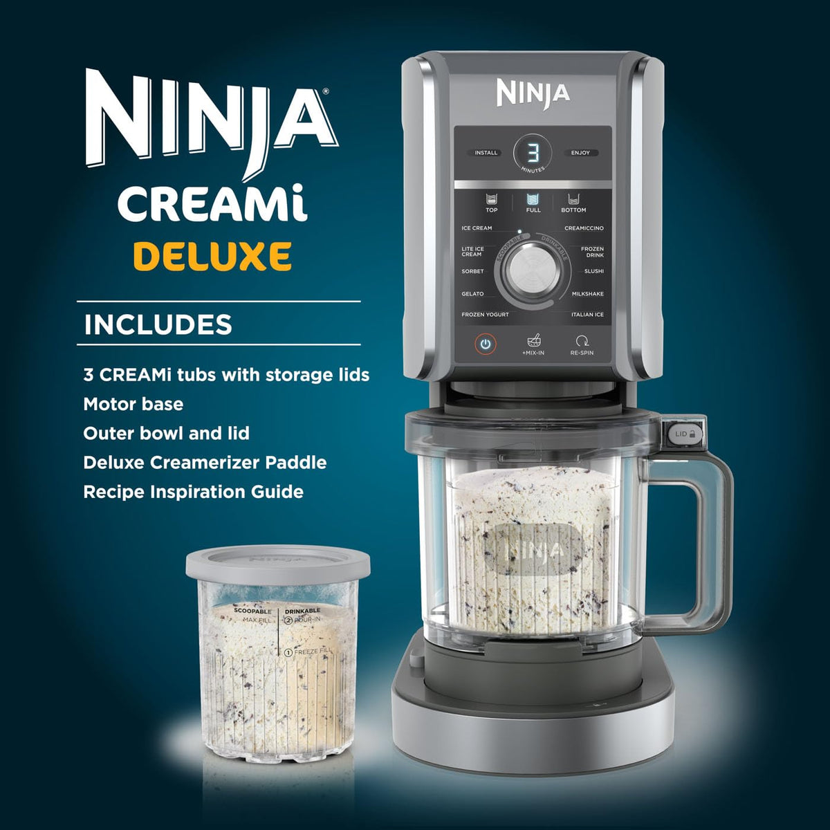 Ninja CREAMi Deluxe Ice Cream Maker & Frozen Dessert Maker with 3 Tubs, 10 Functions, Makes Ice Cream,