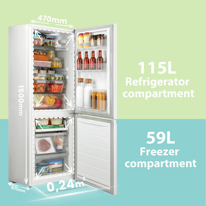 COMFEE' Freestanding Fridge Freezer 174 Litre RCB169WH2(E) Low Frost Fridge with Reversible Door Hinge - Energy Saving LED lights & Adjustable thermostat – Low Noise- White