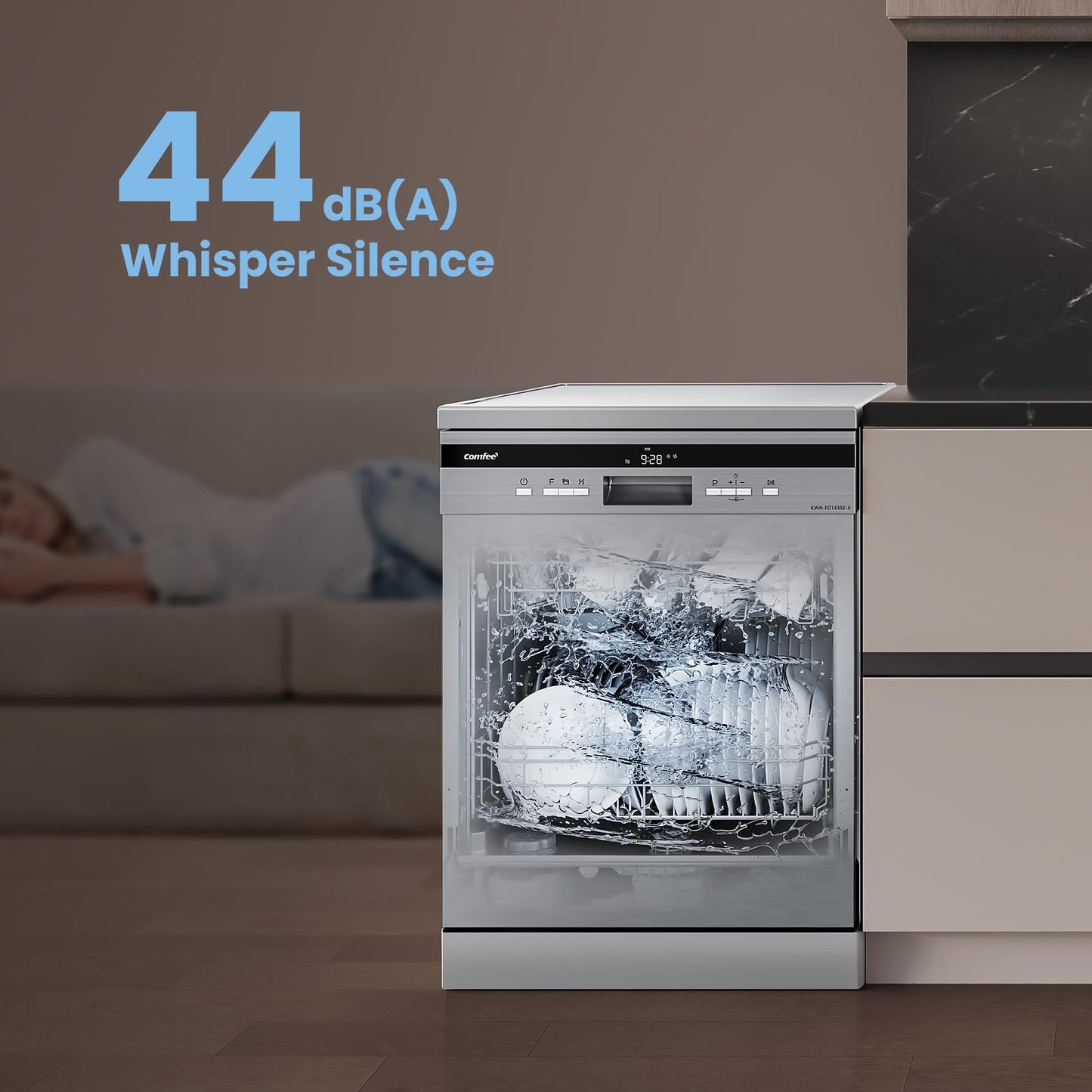 COMFEE' Freestanding Dishwasher FD1435E-X with 14 place settings, Full Size, Whisper Quiet 44dB