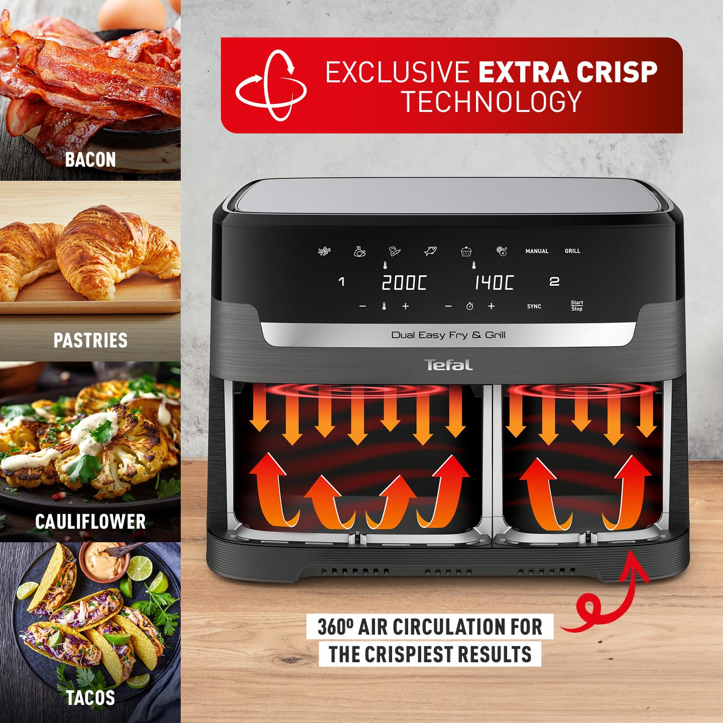 Tefal Easy Fry Dual Zone Digital air fryer, 2 Drawers, 8.3L, 8in1, Uses No Oil, Air Fry, Extra Crisp