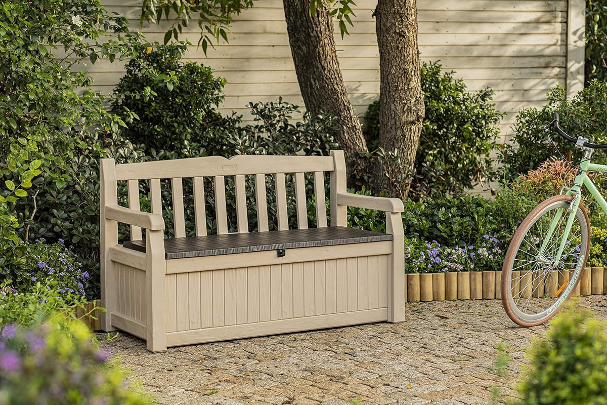 Keter Eden Bench 265L Outdoor 60% recycled Garden Furniture Storage Box Beige & Brown Wood Panel Effect