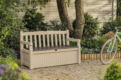 Keter Eden Bench 265L Outdoor 60% recycled Garden Furniture Storage Box Beige & Brown Wood Panel Effect